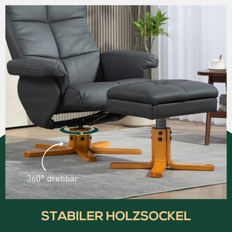 HOMCOM Relaxfauteuil met Poef, 145° Kantelbare Rugleuning, 360° Draaibaar, Kunstleer, Donkergrijs