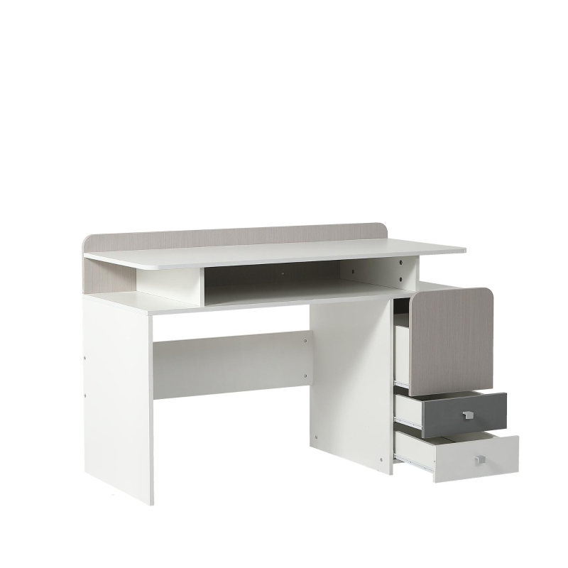Bureau avec trois tiroirs et mezzanine, glisseurs silencieux, MDF, 121×53,5×81 cm, Blanc+gris