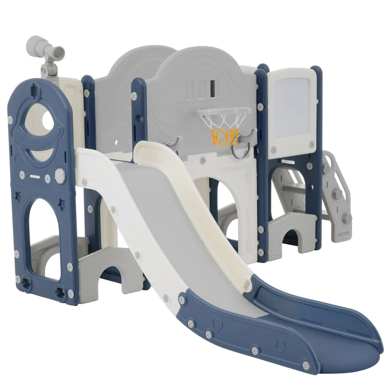 10-en-1 Toboggan pour enfants, Jouet d'escalade multifonction, Toboggan avec échelle d'escalade, Panier de basket, Jeu de golf, Jeu de lasso, Tableau de dessin, Rangement, Jumelles,172×165×95 cm, Bleu Antique