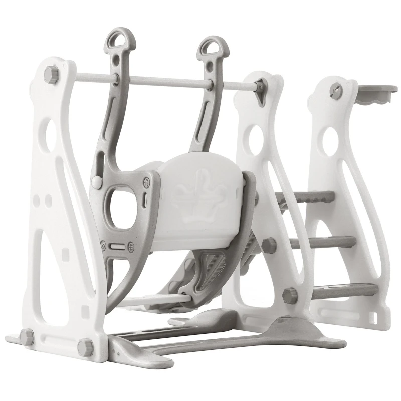 Scivolo per bambini 4-in-1 con altalena, scala e canestro da basket, regolabile in altezza, facile da montare, 113×100×94,5 cm,Bianco Antico+Grigio
