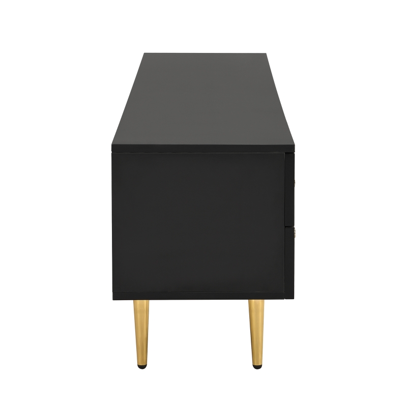 Meuble TV bas pour salon, avec tiroirs texturés et portes en verre, 175×35×45 cm, Noir