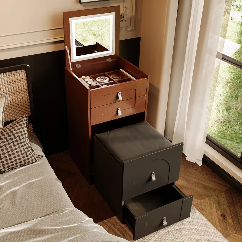 Schminktisch mit LED-Beleuchtung, Multifunktionaler Nachttisch mit Spiegel und 3 Schubladen, inkl. Make-up-Hocker, 50×40×115.6 cm, Schwarz+Braun