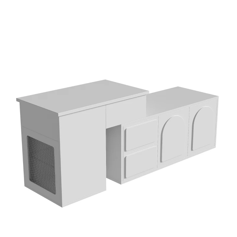 Multifunktionaler Seitenschrank mit 2 Schubladen, höhenverstellbarem Tisch mit 16-farbig einstellbarer Beleuchtung und Glasregalen, Weiß