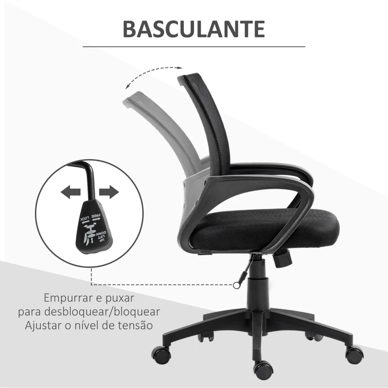 HOMCOM Cadeira de Escritório de Malha Giratória com Altura Ajustável Função Basculante e Apoio para os Braços 57x55x89-109 cm Preto