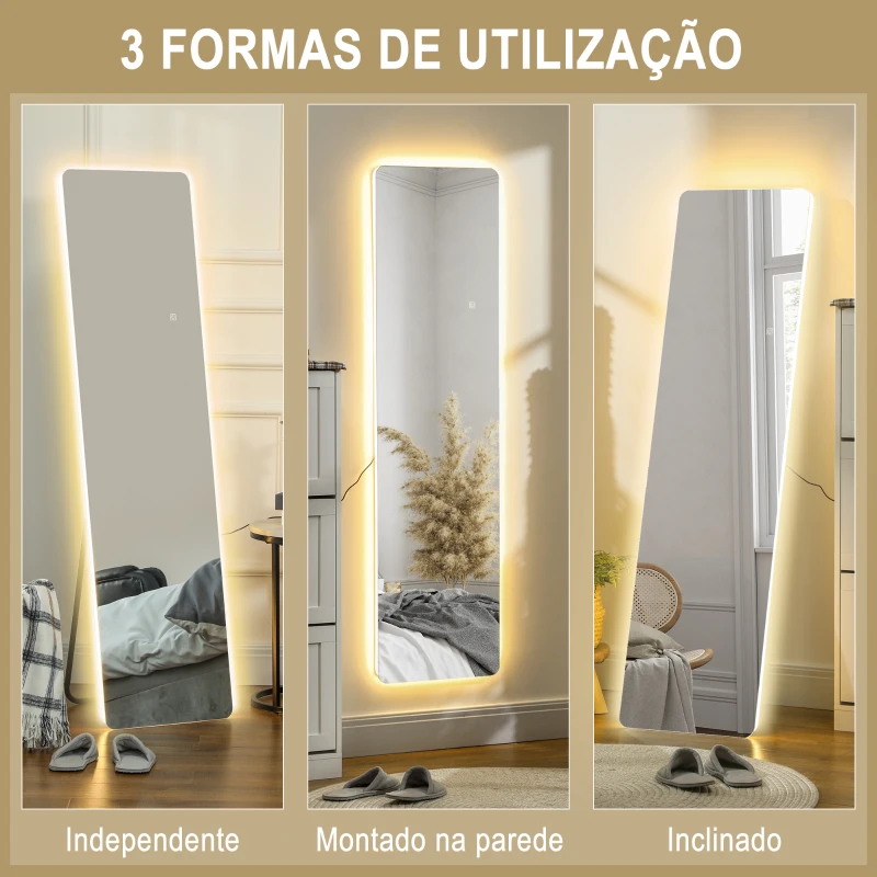 HOMCOM Espelho de Pé com Luz LED 40x150 cm sem Estrutura com Iluminação de 3 Cores Função de Memória e Tátil Transparente