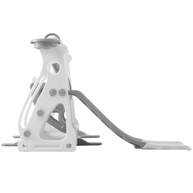 Scivolo per bambini 4-in-1 con altalena, scala e canestro da basket, regolabile in altezza, facile da montare, 113×100×94,5 cm,Bianco Antico+Grigio