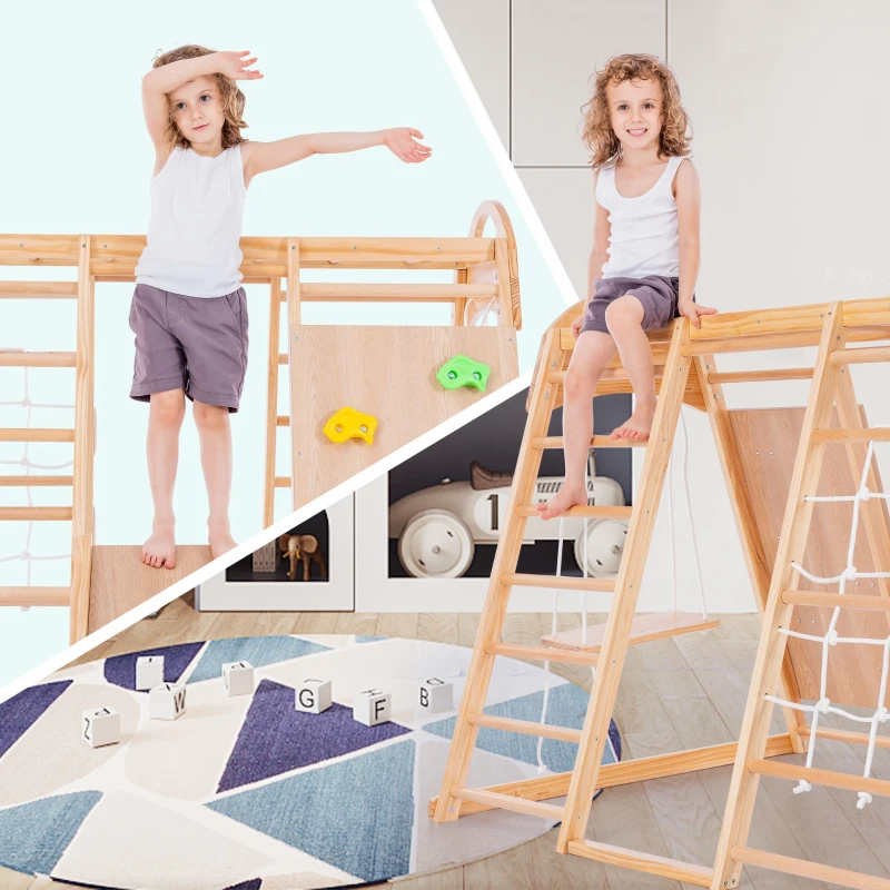 Cadre d'escalade multifonctionnel 7 en 1, balançoire, échelle de corde, toboggan, filet, pierres d'escalade, anneaux, maison de tente, 140×120×120 cm, Naturel