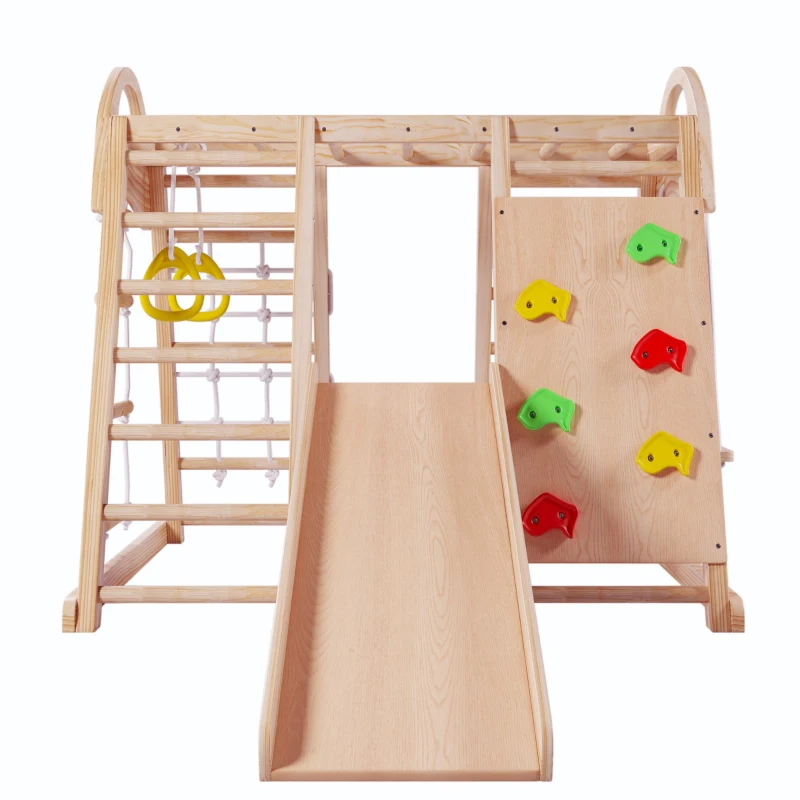 Cadre d'escalade multifonctionnel 7 en 1, balançoire, échelle de corde, toboggan, filet, pierres d'escalade, anneaux, maison de tente, 140×120×120 cm, Naturel