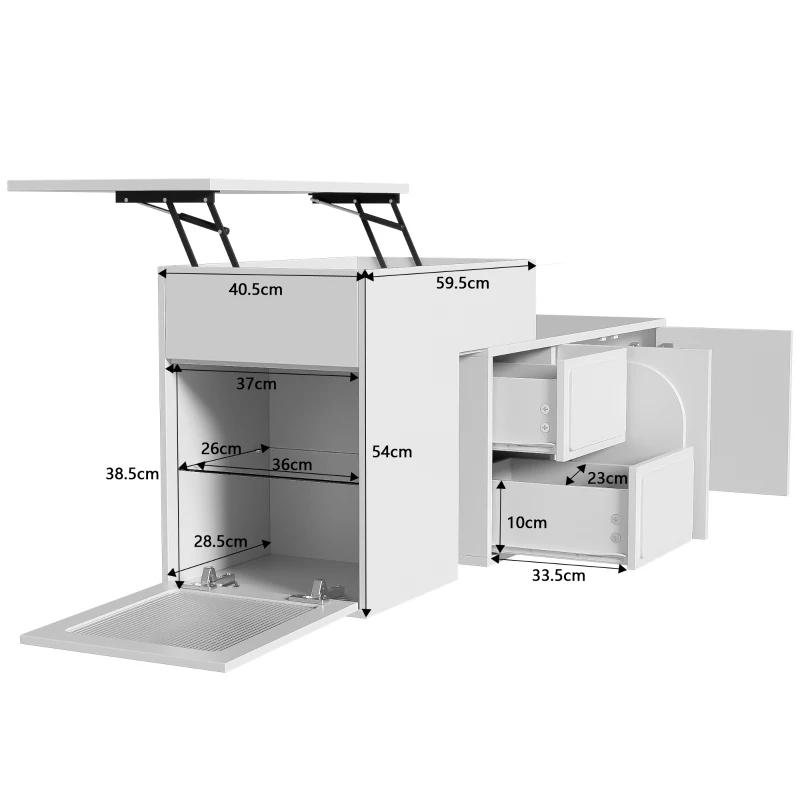 Multifunktionaler Seitenschrank mit 2 Schubladen, höhenverstellbarem Tisch mit 16-farbig einstellbarer Beleuchtung und Glasregalen, Weiß