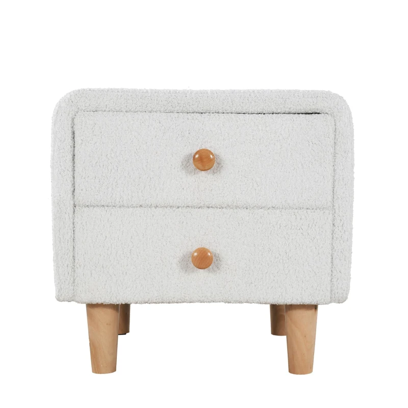 Gepolsterter Nachttisch mit 2 Schubladen, geräuschlose Gleiter, runder Holzgriff, Holzbeine, MDF+Kiefer, 45.5×37.5×44 cm, Weiß