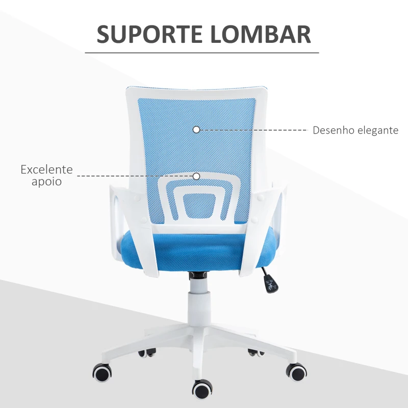 HOMCOM Cadeira de Escritório de Malha Giratória com Altura Ajustável Função Basculante e Apoio para os Braços 57x55x89-109 cm Azul
