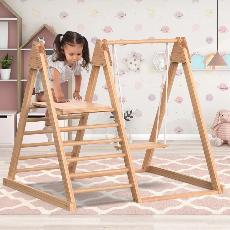 Aire de jeux pour enfants 3-en-1 en bois, toboggan, balançoire et structure d'escalade, 123,5×113×114 cm, Naturel