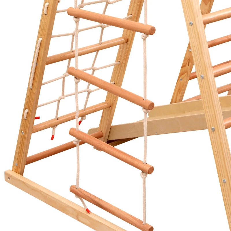 Cadre d'escalade multifonctionnel 7 en 1, échelle de corde, toboggan, filet, prises d'escalade, anneaux, maison-tente, 134×120×120 cm, Naturel