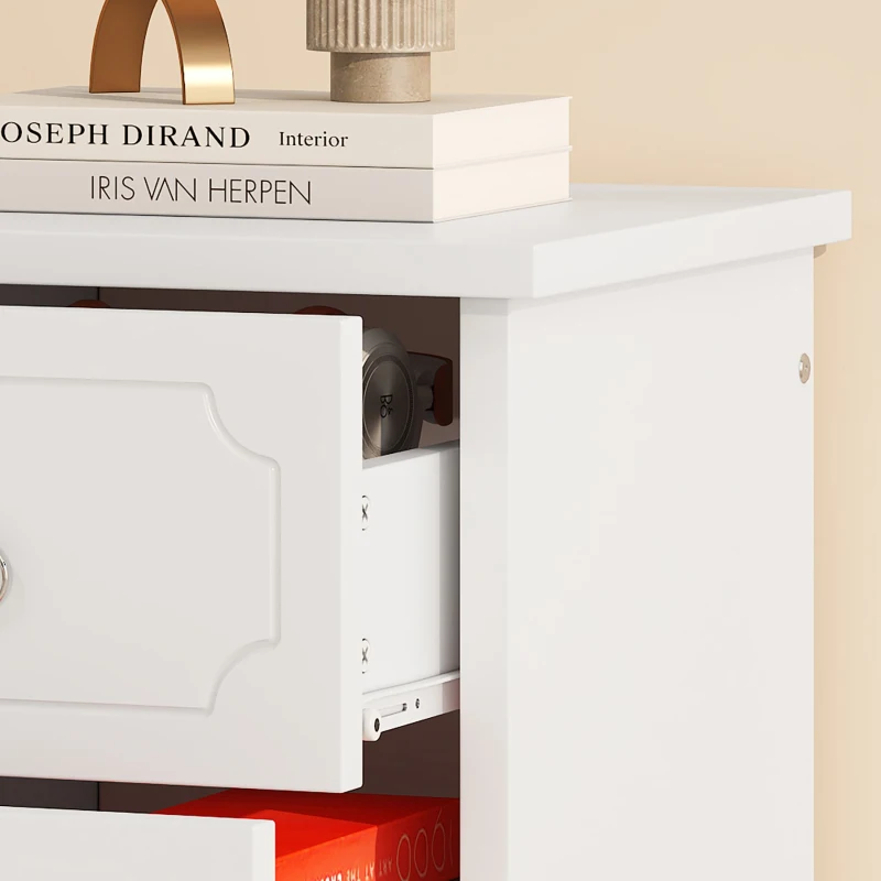 Commode classique avec 5 tiroirs, glissières silencieuses et poignées rondes en métal, MDF + panneau de particules, 40×40×100 cm, Blanc