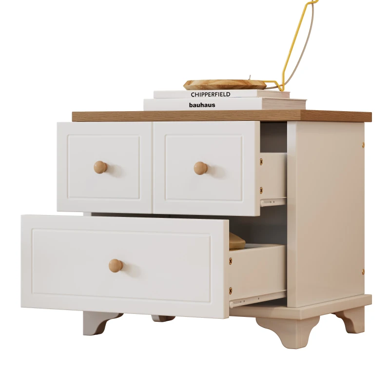 Comodino con 2 cassetti, per soggiorno e camera da letto,60×40×51,5 cm, Bianco + Naturale