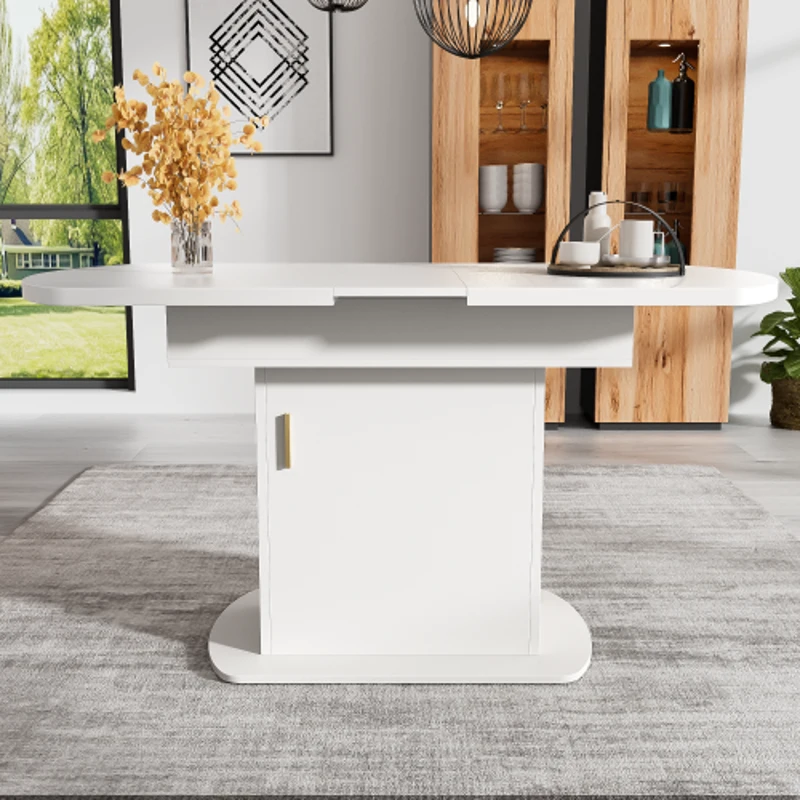 Tavolo da pranzo ovale allungabile, con spazio di archiviazione, 110/130L×70P×75Acm, Bianco+Oro