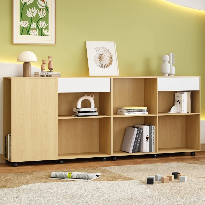 Libreria Piccola con Ripiani e Ruote in MDF, 222×34×95 cm, Color Naturale e Bianco