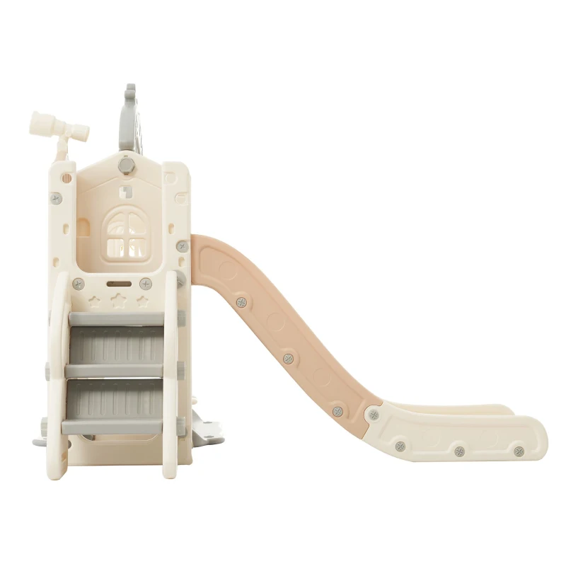 Set da gioco multifunzionale 5-in-1 per bambini con altalena, scivolo, scala da arrampicata, canestro da basket e telescopio, con box di stoccaggio integrato, 157×145,5×121 cm,Marrone + Bianco Antico