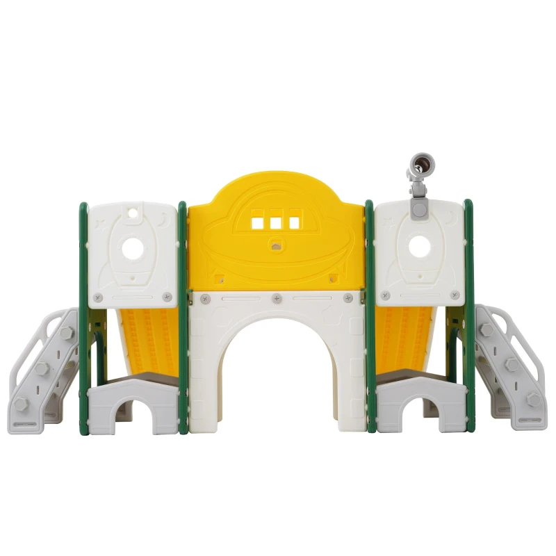 Toboggan pour enfants 8-en-1, jouet d'escalade multifonction avec 2 toboggans, échelle d'escalade, panier de basket, jeu de lasso, jumelles,  200×165×95 cm, Vert Antique