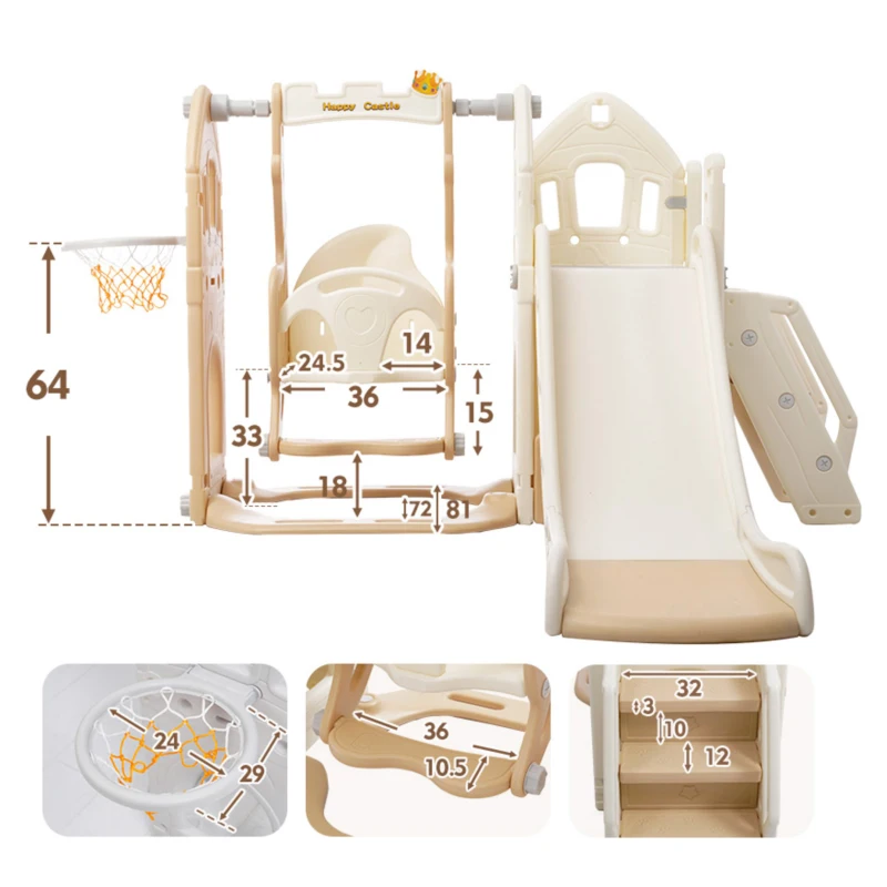 Scivolo per bambini 5-in-1 con altalena, arrampicata, canestro da basket e spazio di stoccaggio, 179×184×103 cm,Marrone+Bianco