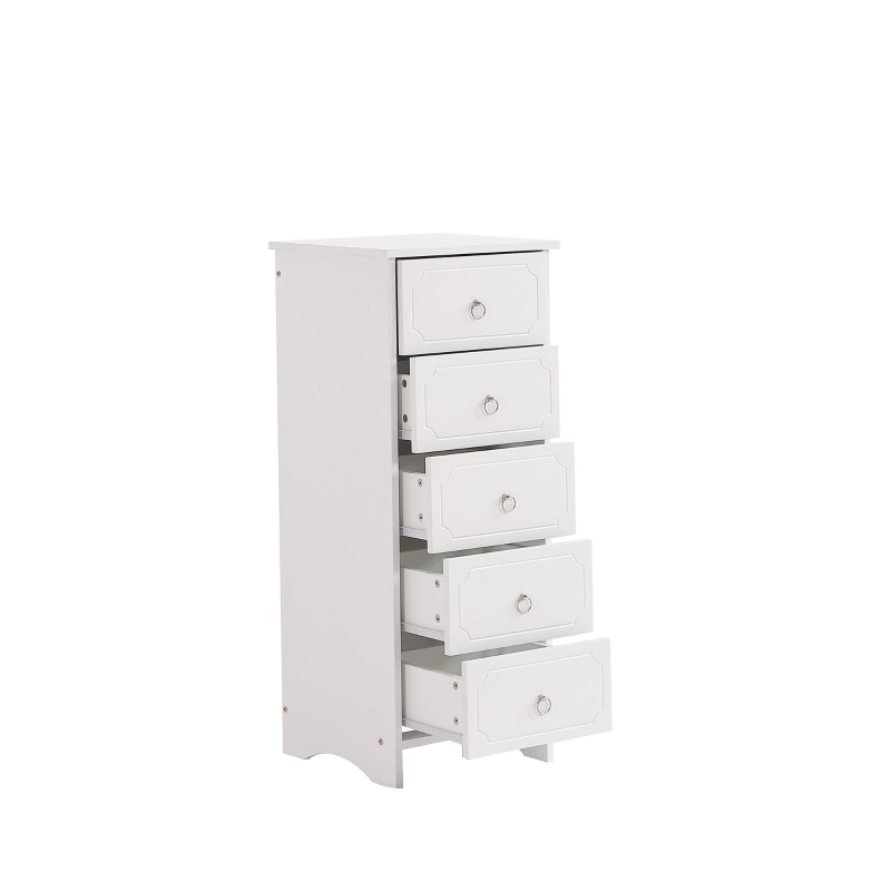 Commode classique avec 5 tiroirs, glissières silencieuses et poignées rondes en métal, MDF + panneau de particules, 40×40×100 cm, Blanc