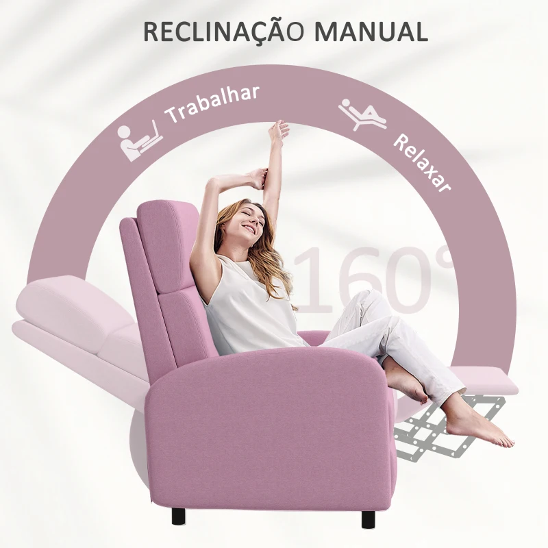 HOMCOM Poltrona Relax Reclinável até 160° Poltrona Reclinável Manual com Apoio para os Pés 64x86x102 cm Rosa