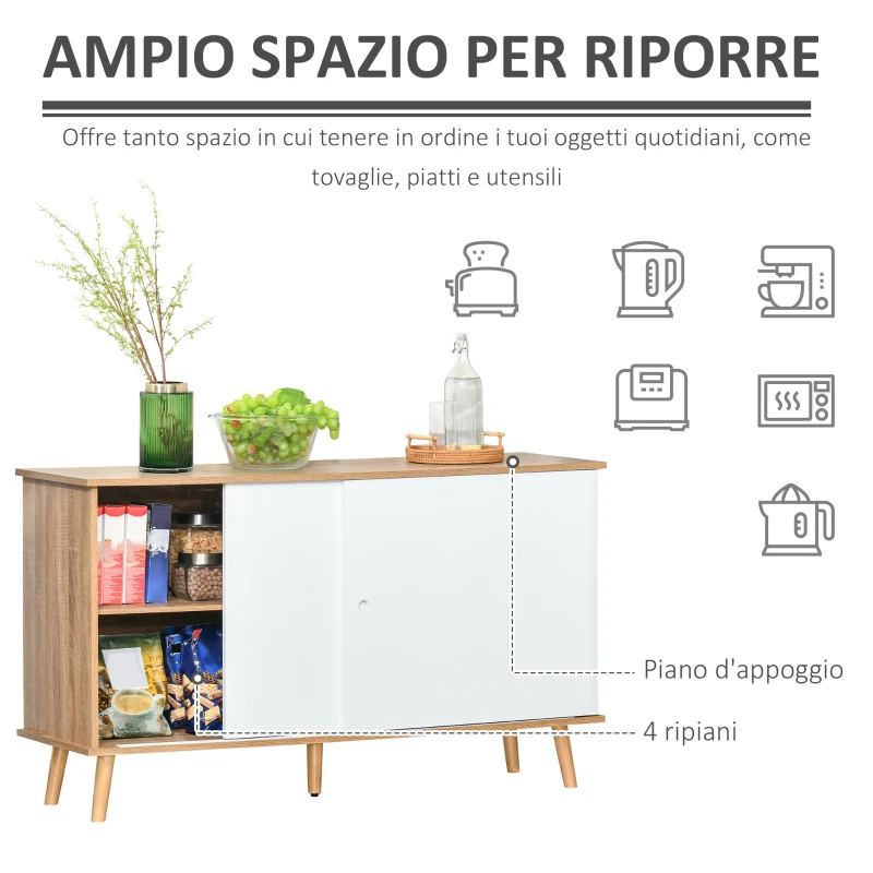 HOMCOM Mobile Cucina Credenza Moderna con Mensole Regolabili e Ante Scorrevoli in MDF, 130x40x74.5cm, Colore Legno e Bianco