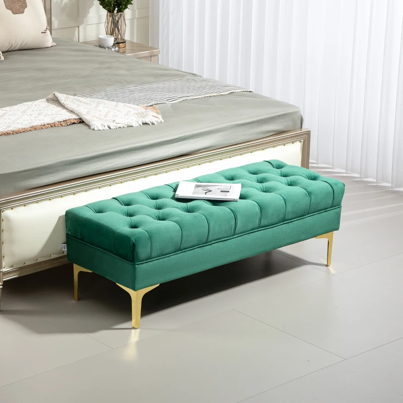 HOMCOM Bancă cu Husă Capitonată din Catifea cu Picioare Metalice pentru Hol, Coridor și Living, 118x45x42 cm, Verde