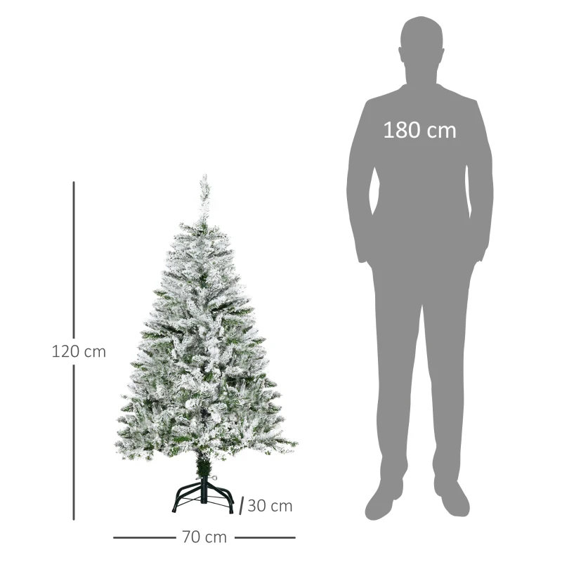 HOMCOM Árvore de Natal Artificial 120 cm com Neve Ignífugo com 200 Ramos Folhas de PVC Abertura Automática Base Dobrável Verde
