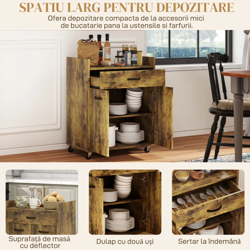 Homcom Carut Bucatarie Lemn Rustic – Raft Reglabil & Roti 60x40x77 cm(m-4)