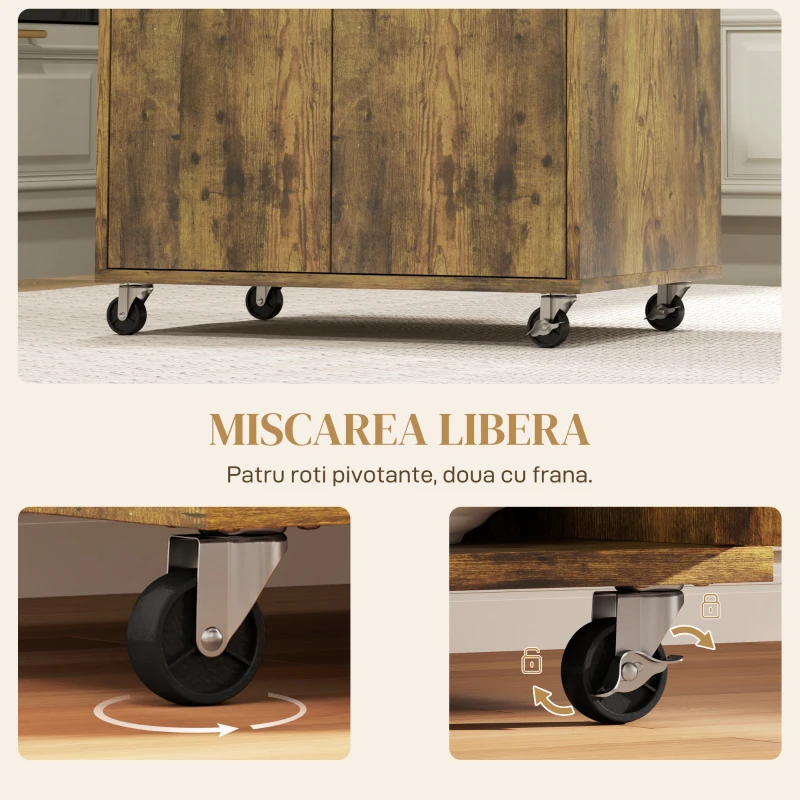 Homcom Carut Bucatarie Lemn Rustic – Raft Reglabil & Roti 60x40x77 cm(m-6)