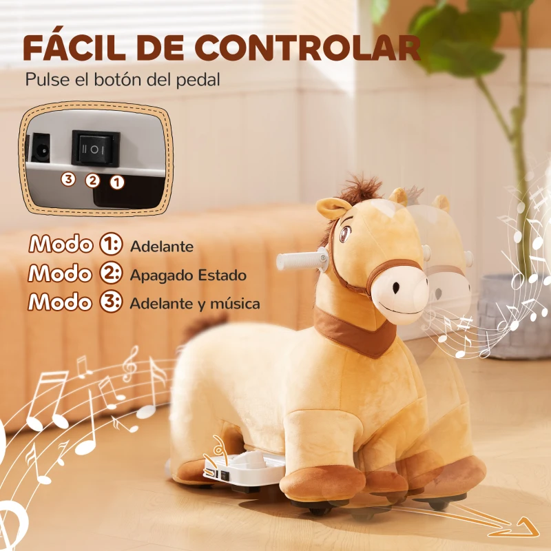 AIYAPLAY Caballo Eléctrico para Niños de 18 a 36 Meses con Batería 6V y Música Carga 25 kg 69x34x53 cm Marrón