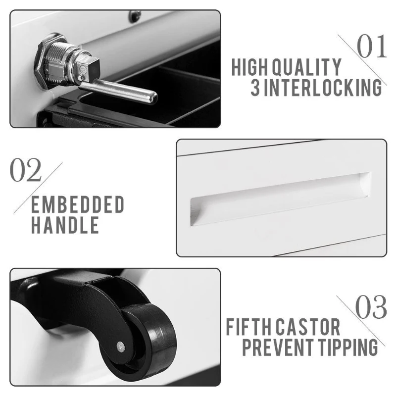 Mobile File Cabinet with 3 Storage Drawers, Lockable Casters, Enamel Finish, Steel Side Table for Office, Study, 41L x 52W x 60H cm, White