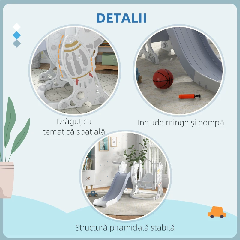 AIYAPLAY Set Tobogan cu Leagăn și Coș de Baschet pentru Copii 18-48 Luni, 150x185x92 cm, Gri