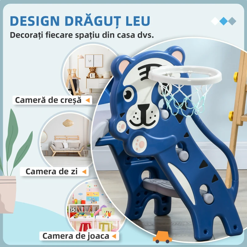 AIYAPLAY Tobogan din Plastic de Interior 2 în 1 pentru Copii cu Coș de Baschet, 70x133x60 cm, Albastru