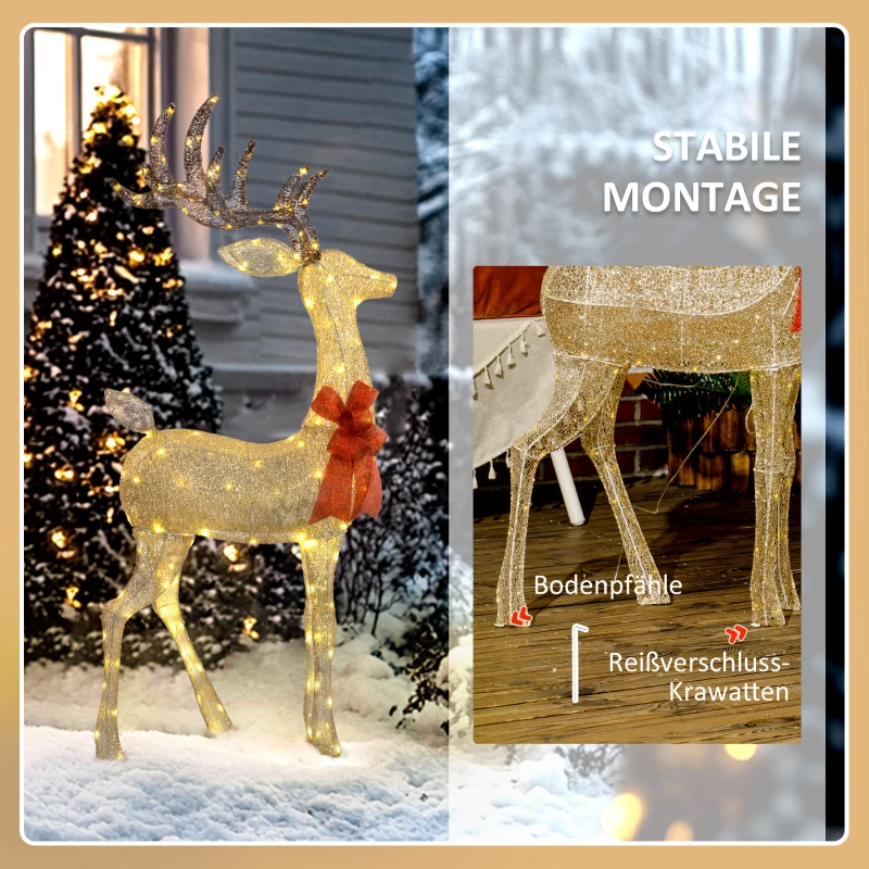 Outsunny Rendier met rode strik, 137 LEDs, Kerstverlichting, weerbestendig, 66 x 25 x 135 cm, Goud