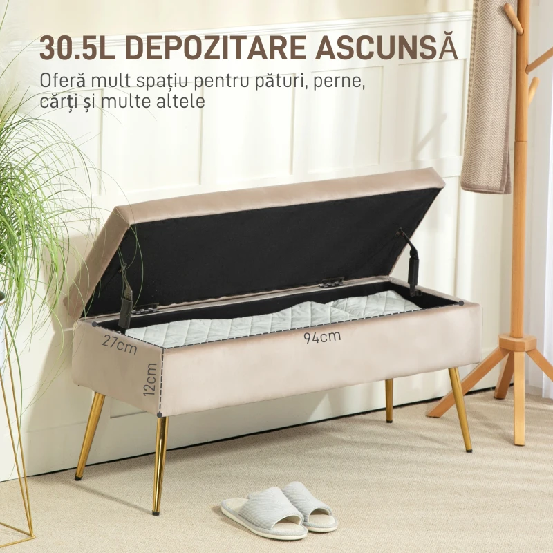 HOMCOM Bancă de Depozitare Tapițată cu Picioare Subțiri, Bancă de Depozitare din Material de Tip Catifea, 102x35x43 cm, Bej