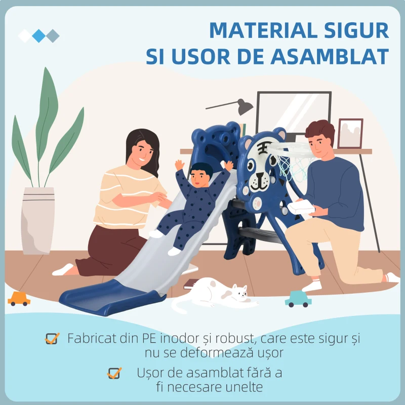 AIYAPLAY Tobogan din Plastic de Interior 2 în 1 pentru Copii cu Coș de Baschet, 70x133x60 cm, Albastru