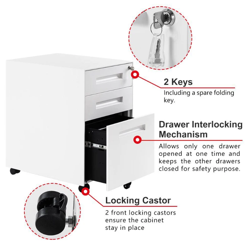 Mobile File Cabinet with 3 Storage Drawers, Lockable Casters, Enamel Finish, Steel Side Table for Office, Study, 41L x 52W x 60H cm, White