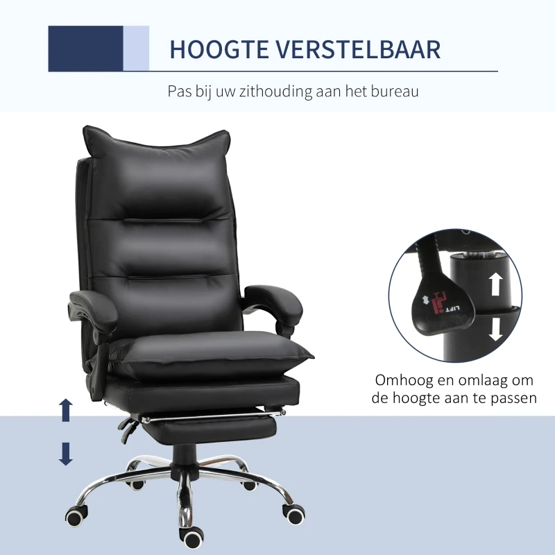 Vinsetto kantoorstoel met voetensteun in hoogte verstelbare bureaustoel draaistoel rugleuning kunstleer zwart 66 x 72 x 122-130 cm