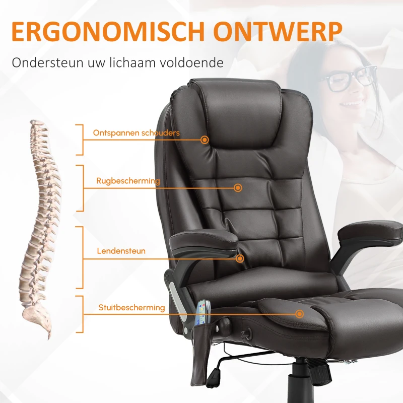 HOMCOM bureaustoel kantoorstoel directiestoel gaming stoel massagestoel 6-punts vibrerende massage met warmtefunctie draaibaar (bruin)(m-5)