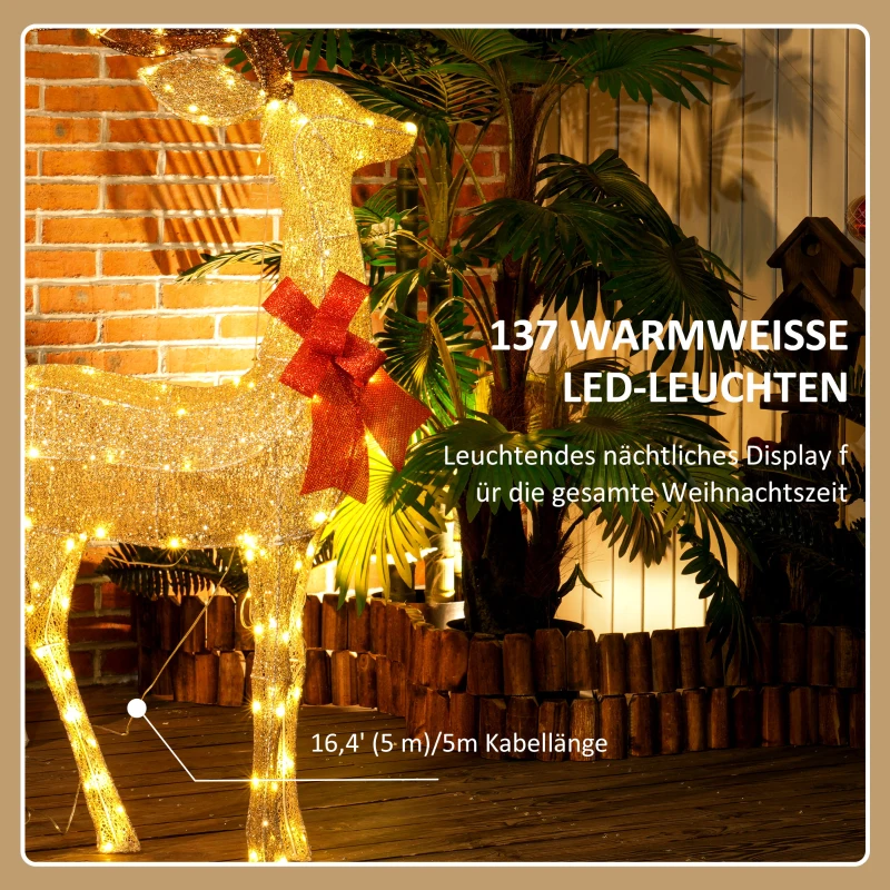Outsunny Rendier met rode strik, 137 LEDs, Kerstverlichting, weerbestendig, 66 x 25 x 135 cm, Goud