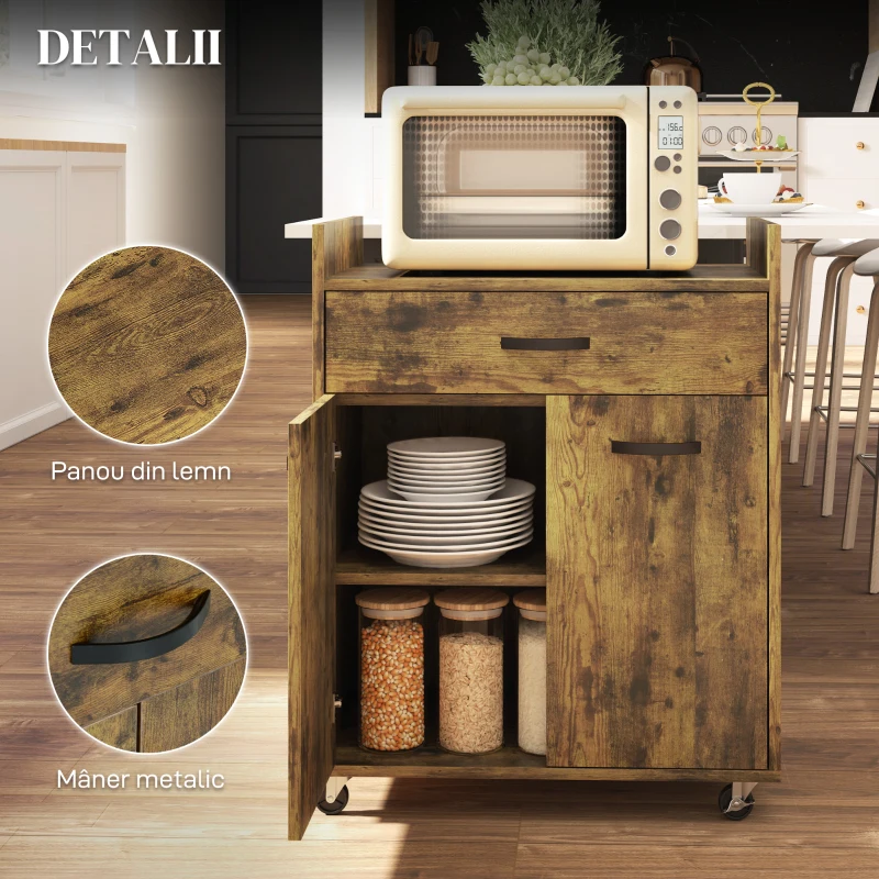 Homcom Carut Bucatarie Lemn Rustic – Raft Reglabil & Roti 60x40x77 cm(m-7)