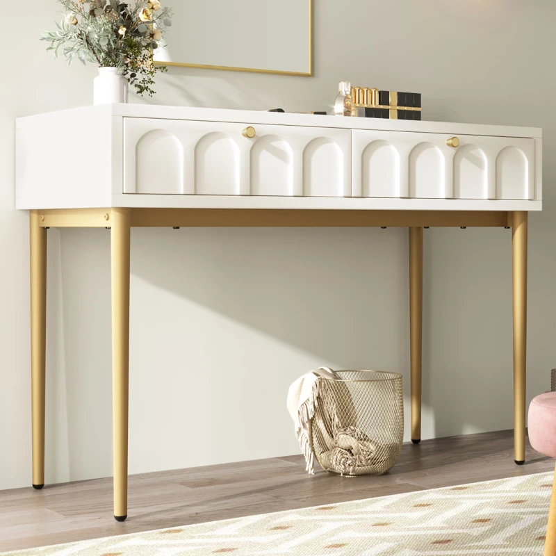 Space-Saving Dressing Table with 2 Drawers, Robust Construction, Minimalist Vanity for Bedroom, 100L x 45W x 76.5H cm, White