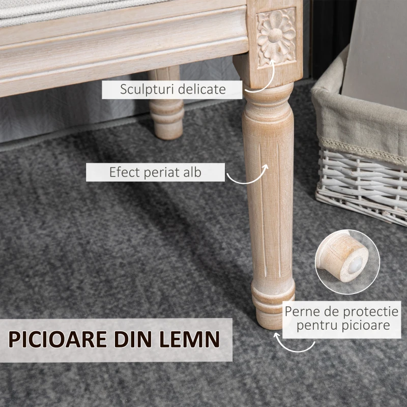 HOMCOM Bancă Tapițată în Stil Vintage pentru Hol și Dormitor cu Înveliș Textil și Picioare din Lemn, 117x40x48 cm, Crem