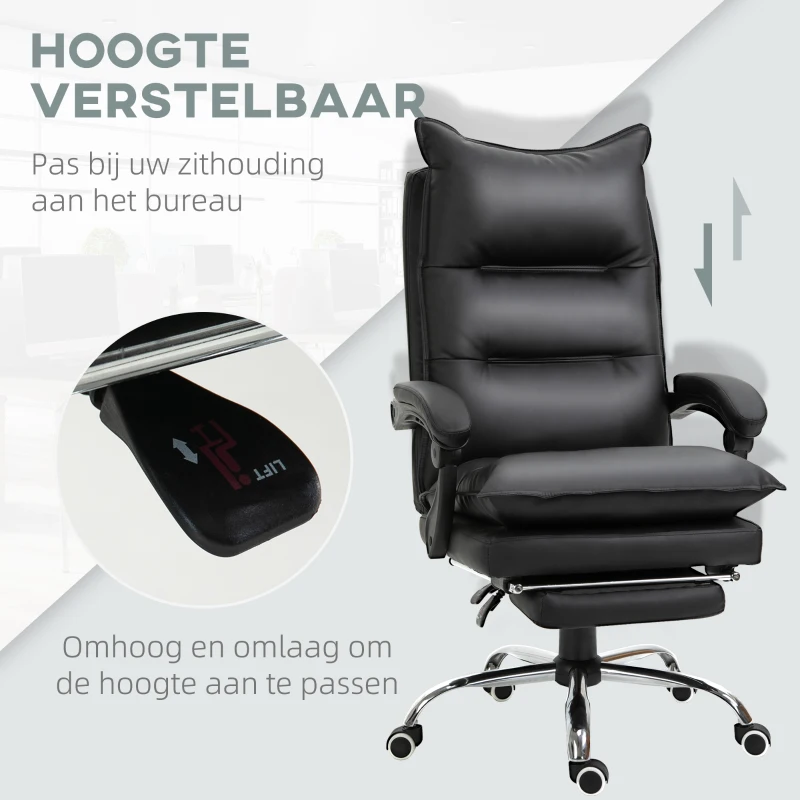 Vinsetto kantoorstoel met voetensteun in hoogte verstelbare bureaustoel draaistoel rugleuning kunstleer zwart 66 x 72 x 122-130 cm