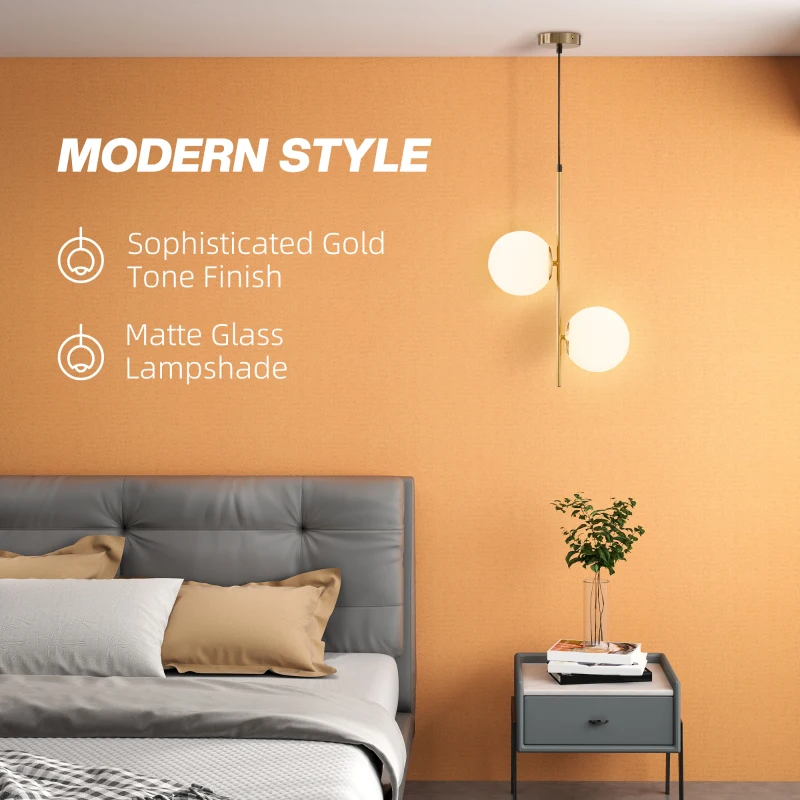 HOMCOM Lampă Suspendată cu 2 Abajururi din Sticlă și Cablu Reglabil, Lampă Modernă din Metal, 32x15x51 cm, Auriu
