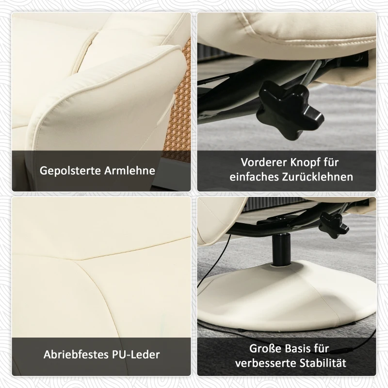 HOMCOM Massagesessel mit Fußhocker, Ergonomischer Stuhl mit 10 Vibrationspunkten, Kunstleder, 76 x 81 x 105 cm, Cremeweiß(m-5)