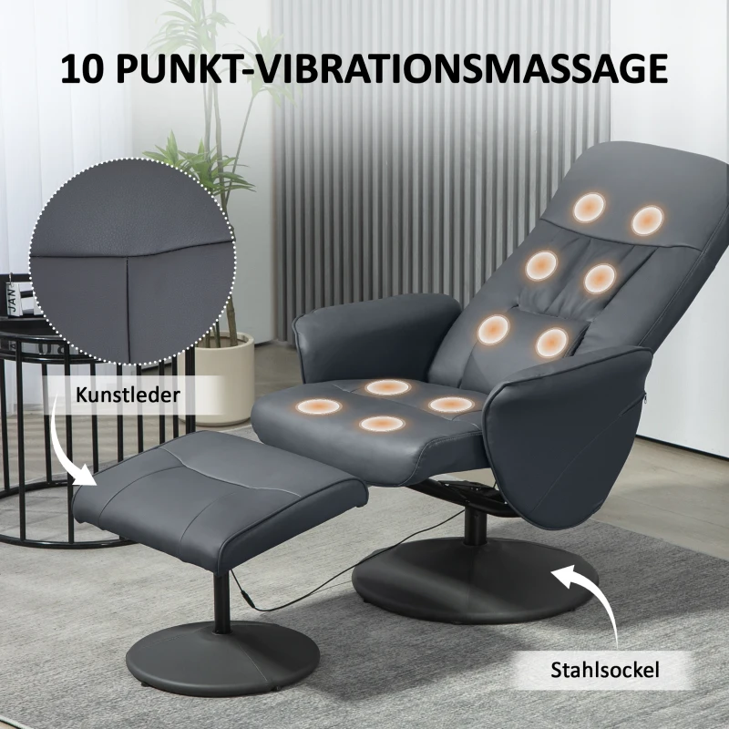 HOMCOM Massagestoel met Voetenbank, Ergonomische Stoel met 10 Vibratiepunten, Kunstleer, 76 x 81 x 105 cm, Donkergrijs