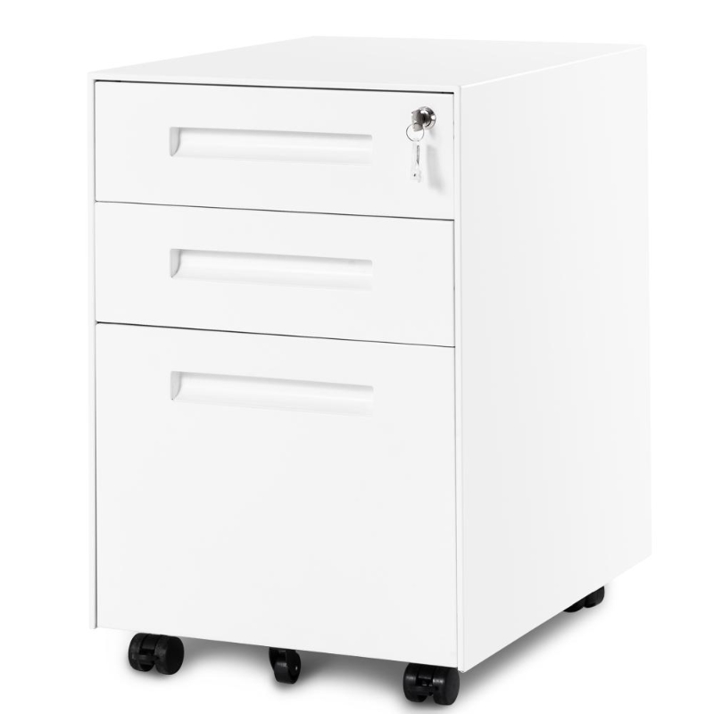 Mobile File Cabinet with 3 Storage Drawers, Lockable Casters, Enamel Finish, Steel Side Table for Office, Study, 41L x 52W x 60H cm, White